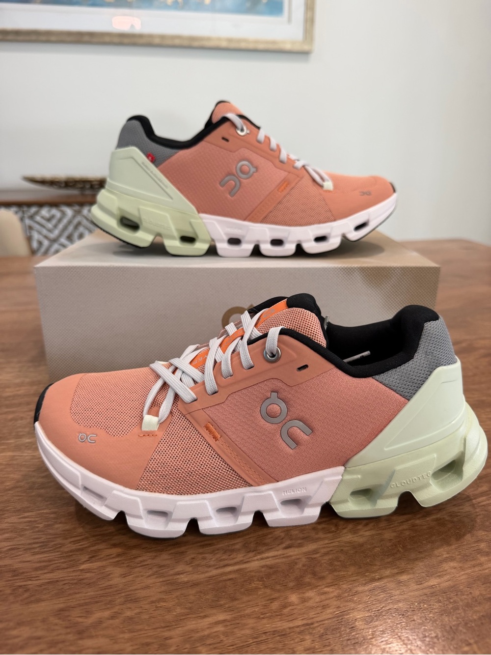 On Running Cloudflyer 4 Women's Sneakers in Coral with Pale Green Heel